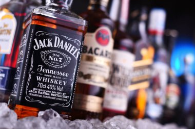 Çeşitli küresel içki markaları şişe