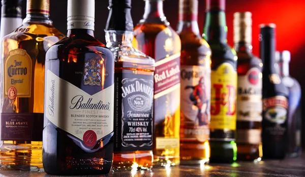 Bottles of assorted global liquor brands — Stock Photo, Image