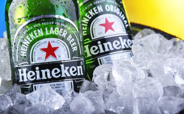 Bottles of Heineken beer in bucket with crushed ice clipart