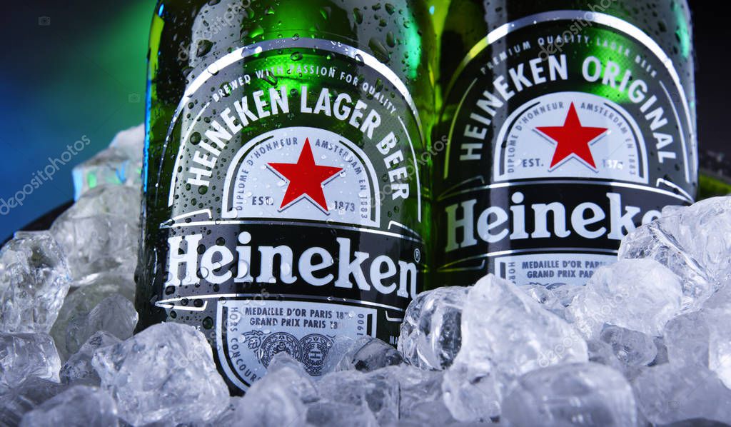 POZNAN, POL - NOV 22, 2019: Bottles of Heineken Lager Beer, the flagship product of Heineken International which owns over 125 breweries in more than 70 countries