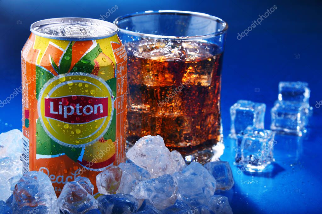 POZNAN, POL - NOV 22, 2019: Can of Lipton Ice Tea, a soft drink brand sold by Lipton and belonging to Unilever, a British-Dutch multinational consumer goods company.