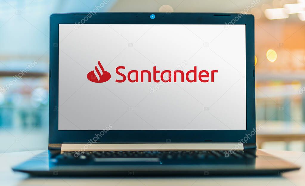 POZNAN, POL - JAN 30, 2020:  Laptop computer displaying logo of Santander Group, a Spanish multinational commercial bank and financial services company based in Madrid and Santander in Spain