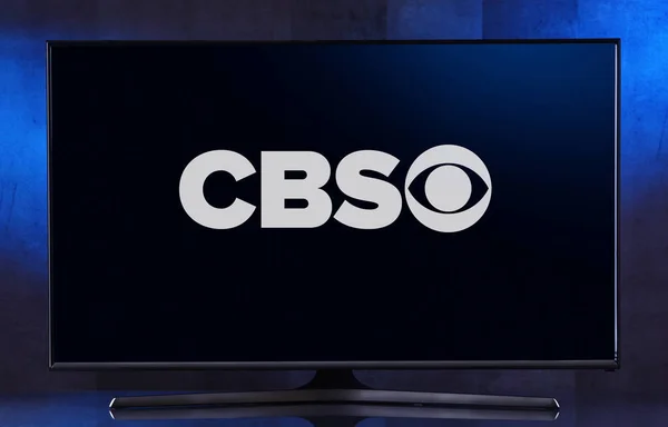 Téléviseur à écran plat affichant le logo de CBS — Photo