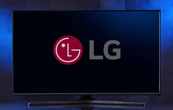 stock image Flat-screen TV set displaying logo of LG