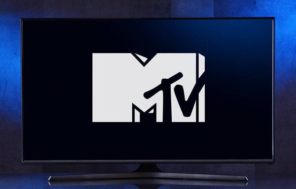 Flat-screen TV set displaying logo of MTV