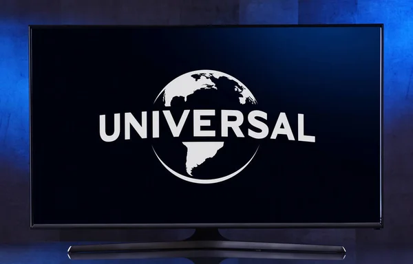 Flat-screen TV set displaying logo of Universal Pictures — Stock Photo, Image