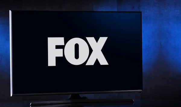 Televisor de pantalla plana que muestra el logotipo de Fox — Foto de Stock