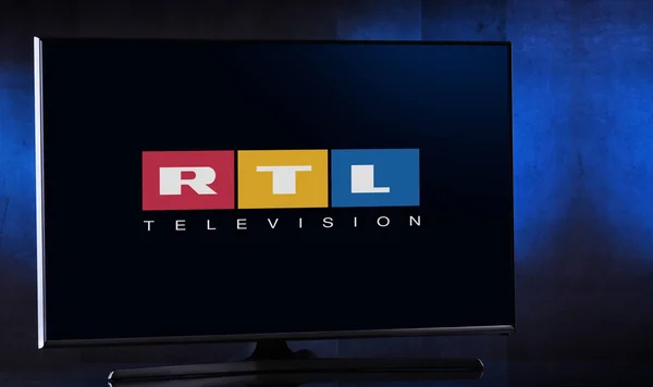 Flat-screen TV set displaying logo of RTL — Stock Photo, Image
