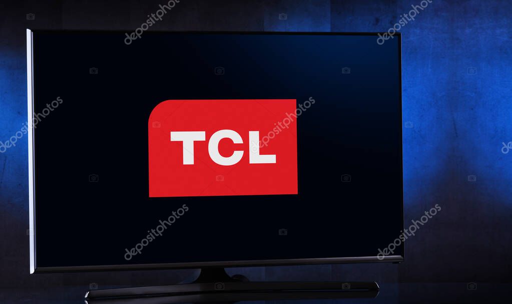 POZNAN, POL - FEB 04, 2020: Flat-screen TV set displaying logo of TCL Corporation, a partially state-owned Chinese multinational electronics company headquartered in Huizhou, Guangdong Province
