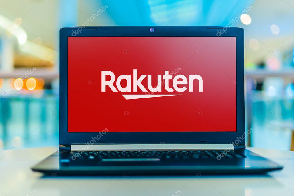 POZNAN, POL - JAN 30, 2020: Laptop computer displaying logo of Rakuten, a Japanese electronic commerce and online retailing company based in Tokyo