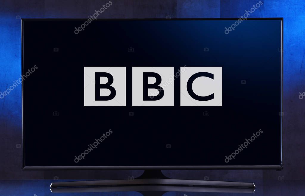 POZNAN, POL - FEB 04, 2020: Flat-screen TV set displaying logo of British Broadcasting Corporation (BBC), a British public service broadcaster