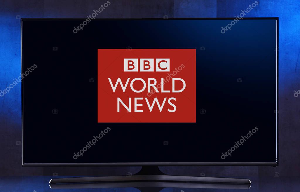 POZNAN, POL - FEB 04, 2020: Flat-screen TV set displaying logo of BBC World News, an international pay television channel that is operated by BBC