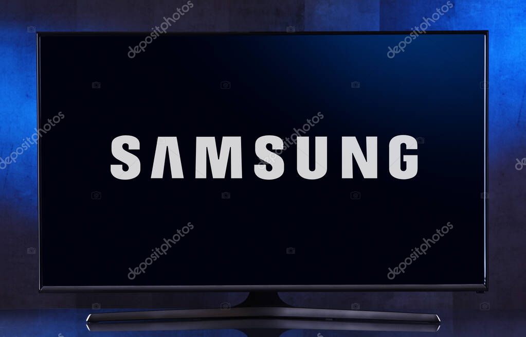 POZNAN, POL - FEB 04, 2020: Flat-screen TV set displaying logo of Samsung, a South Korean multinational conglomerate headquartered in Samsung Town, Seoul