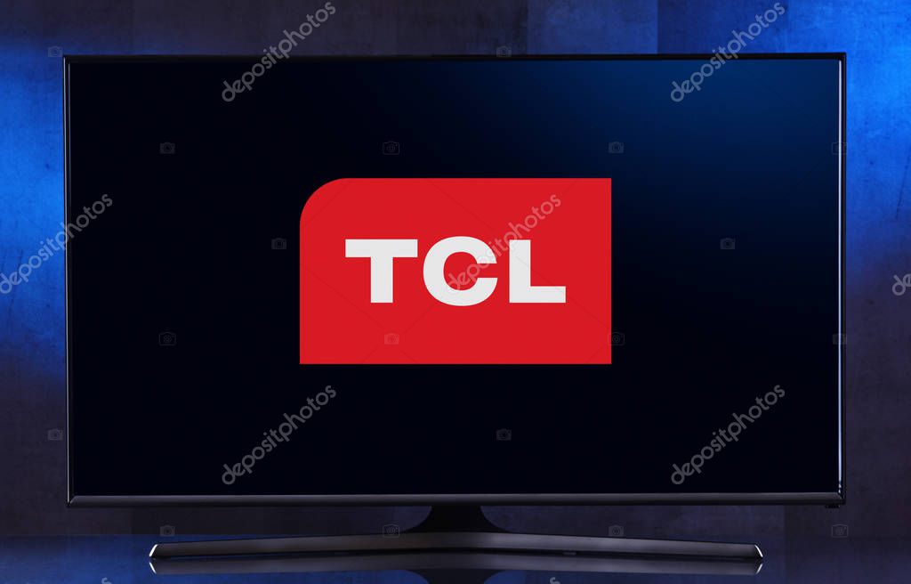 POZNAN, POL - FEB 04, 2020: Flat-screen TV set displaying logo of TCL Corporation, a partially state-owned Chinese multinational electronics company headquartered in Huizhou, Guangdong Province