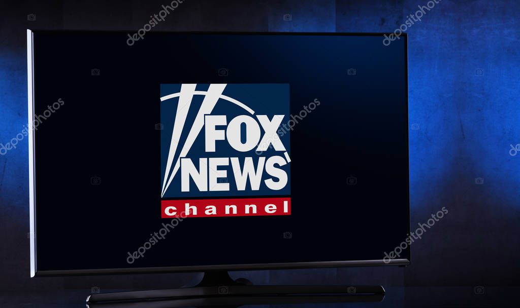 POZNAN, POL - FEB 04, 2020: Flat-screen TV set displaying logo of Fox News, an American conservative cable television news channel, owned by the Fox News Group