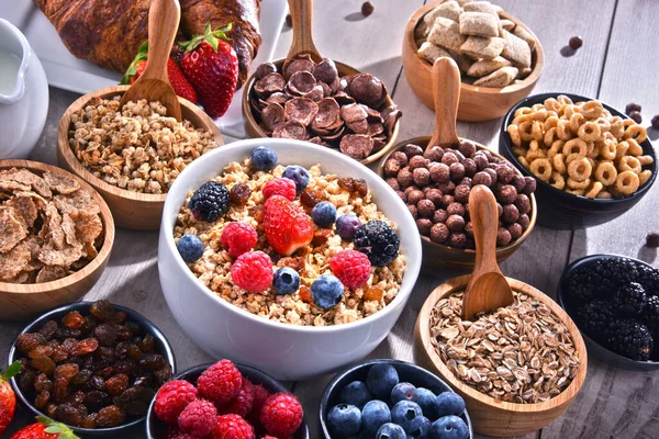 Composition Different Sorts Breakfast Cereal Products Fresh Fruits — Stock Photo, Image