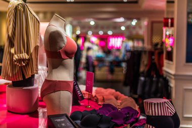Singapur - 4 Mart 2020: Victoria 's Secret mağazasının içi, Amerikalı bir tasarımcı, üretici ve kadın iç çamaşırı, kadın giyim ve güzellik ürünleri pazarlamacısı.