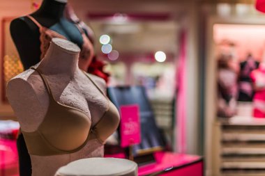 Singapur - 4 Mart 2020: Victoria 's Secret mağazasının içi, Amerikalı bir tasarımcı, üretici ve kadın iç çamaşırı, kadın giyim ve güzellik ürünleri pazarlamacısı.