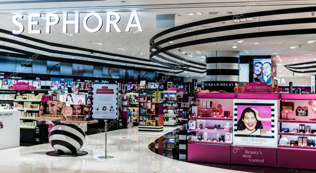 SINGAPORE - MAR 5, 2020: Sephora shop, a French multinational chain of personal care and beauty stores