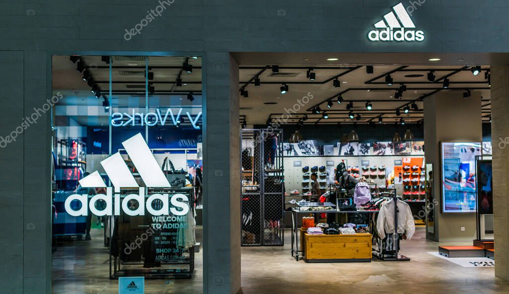 SINGAPORE - MAR 5, 2020: Front entrance to Adidas store in Singapore shopping mall
