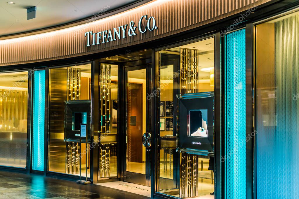 SINGAPORE - MAR 5, 2020: Front entrance to Tiffany's. store in Singapore shopping mall