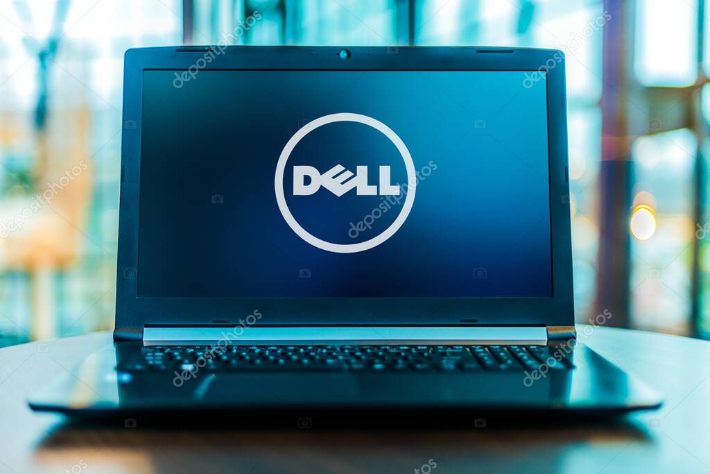 POZNAN, POL - MAR 24, 2020: Laptop computer displaying logo of Dell, an American multinational computer technology company that develops, sells, repairs, and supports computers and related products and services
