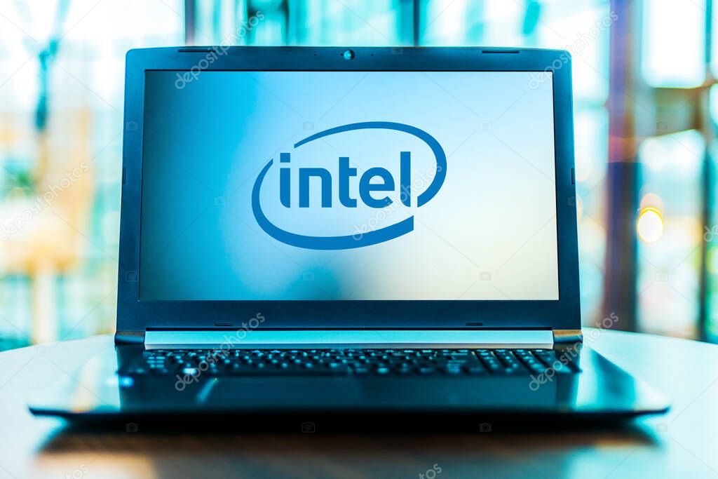 POZNAN, POL - MAR 24, 2020: Laptop computer displaying logo of Intel, an American multinational corporation and technology company headquartered in Santa Clara, California