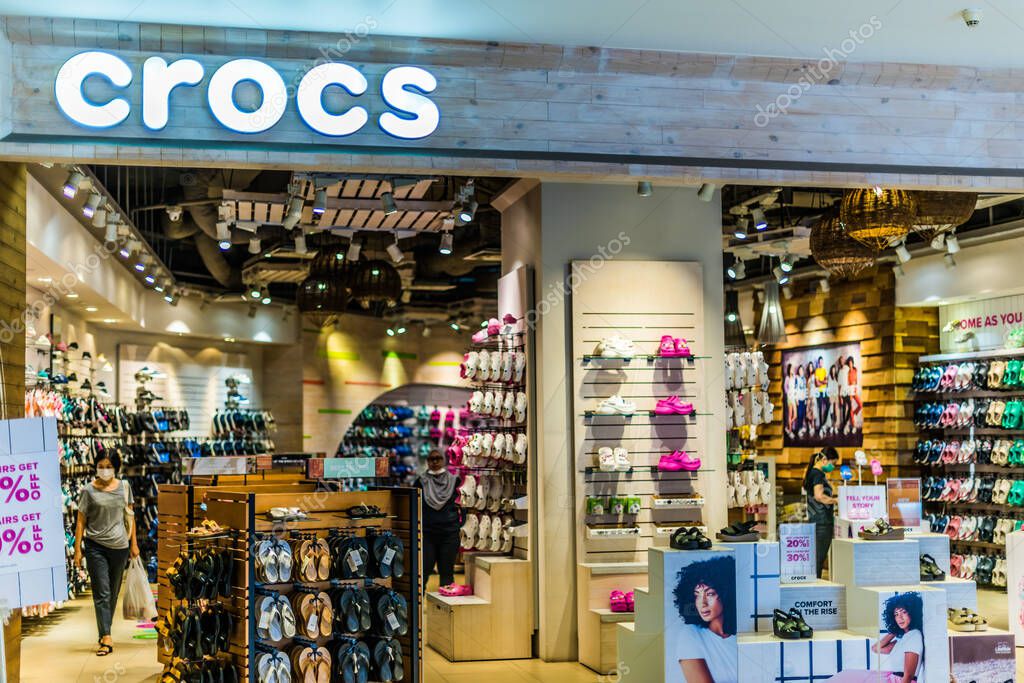 SINGAPORE - MAR 5, 2020: Front entrance to Crocs store in Singapore shopping mall