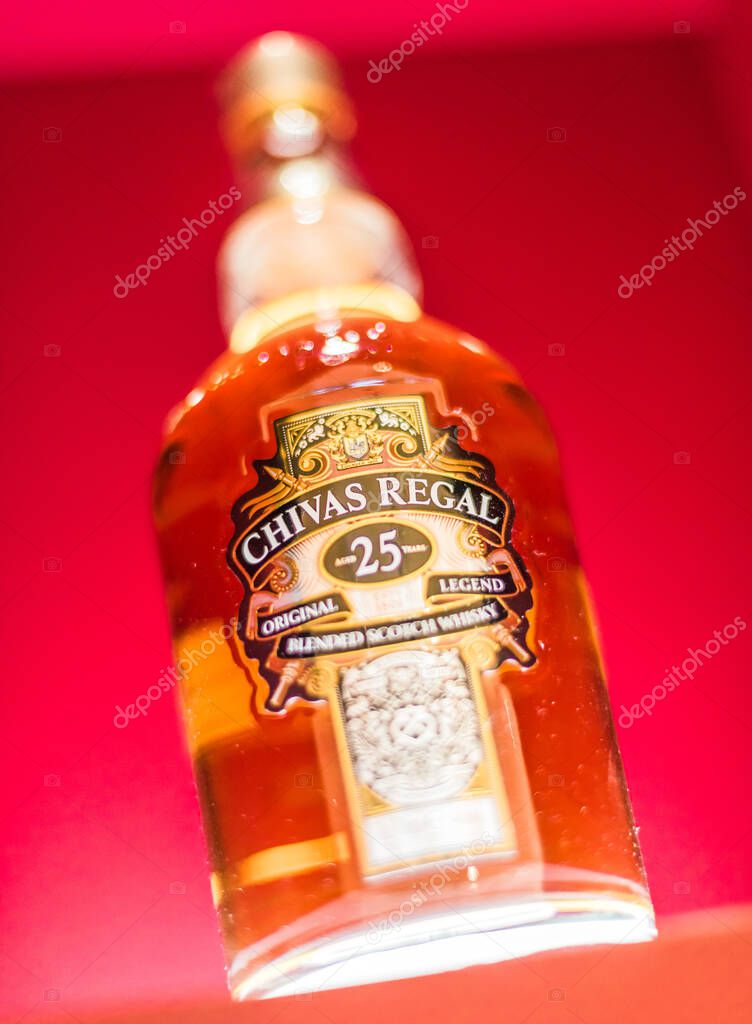 SINGAPORE - MAR 7, 2020: Bottle of Chivas Regal 25, a blended Scotch whisky made from whiskies matured for at least 25 years, produced by Chivas Brothers in Keith, Scotland