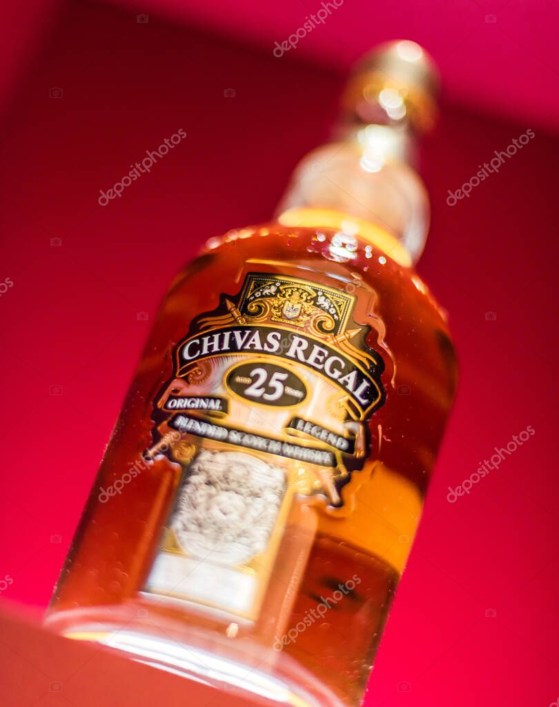 SINGAPORE - MAR 7, 2020: Bottle of Chivas Regal 25, a blended Scotch whisky made from whiskies matured for at least 25 years, produced by Chivas Brothers in Keith, Scotland