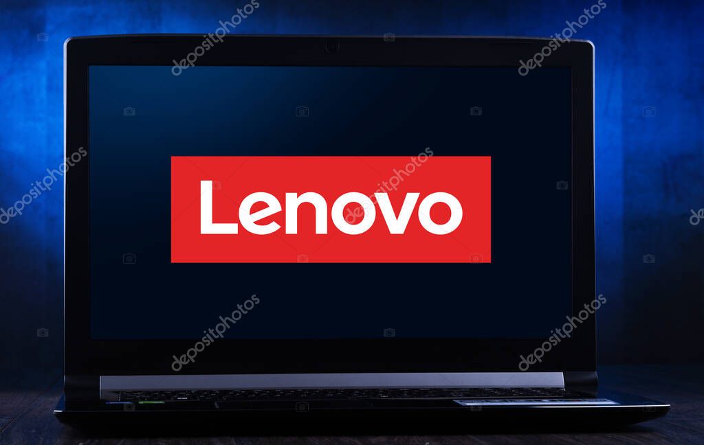 POZNAN, POL - MAR 24, 2020: Laptop computer displaying logo of Lenovo, a multinational technology company with headquarters in Beijing, China