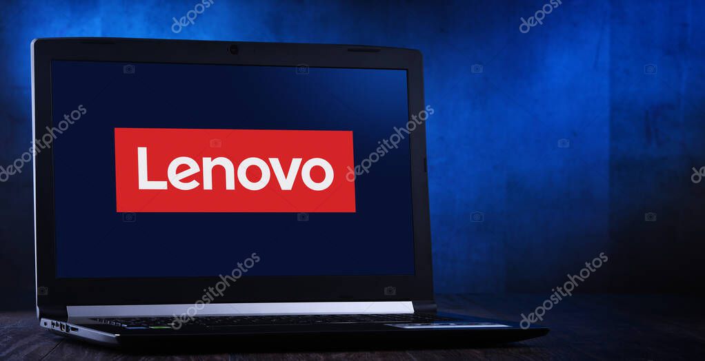 POZNAN, POL - MAR 24, 2020: Laptop computer displaying logo of Lenovo, a multinational technology company with headquarters in Beijing, China
