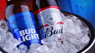 POZNAN, POL - 9 APR 2020: Anheuser-Busch tarafından üretilen popüler Amerikan biraları Bud ve Bud Light şişeleri.