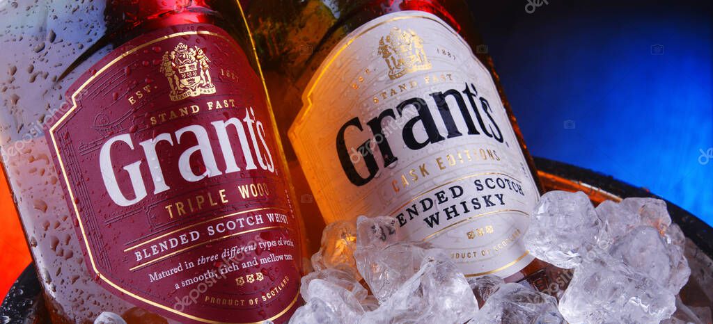 POZNAN, POL - APR 9, 2020: Bottles of Grant's whisky, the oldest family-owned blended whisky, bottled by William Grant & Sons in Scotland, currently sold in over 180 countries.
