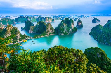 Vietnam 'daki Ha Long Körfezi' nin panoramik manzarası..