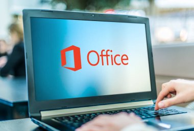 POZNAN, POL - APR 24, 2020: Laptop computer displaying logo of Microsoft Office, a family of client software, server software, and services developed by Microsoft