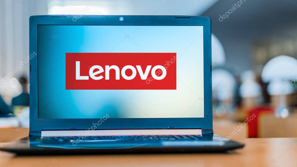 POZNAN, POL - MAR 24, 2020: Laptop computer displaying logo of Lenovo, a multinational technology company with headquarters in Beijing, China
