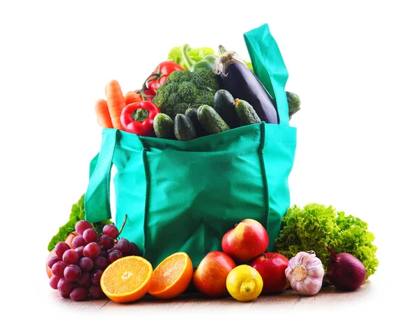 Bevásárló Táska Zöldségekkel Gyümölcsökkel Fehér Alapon — Stock Fotó