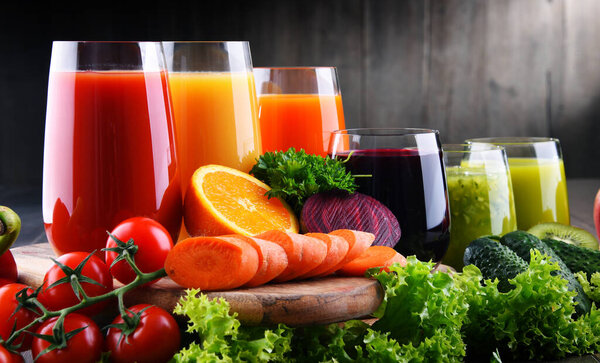 Glasses with fresh organic vegetable and fruit juices. Detox diet