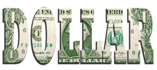 Долар слово зроблено з літерами і фоновим відтворенням доларів США — стокове фото