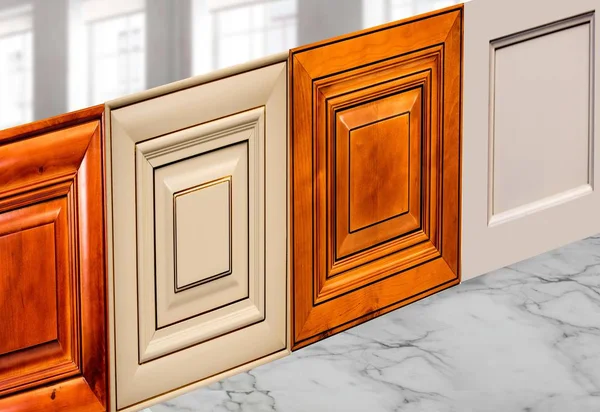 Puerta de gabinetes de cocina de madera de lujo alineada en la superficie del mostrador de cocina — Foto de Stock