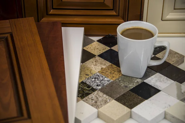 Kitchen wood door and stone countertop color samples — Stock Photo, Image