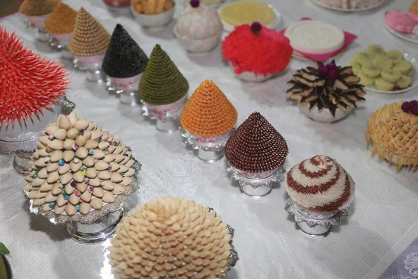 Food on table for pray in Moon Pray Festival — Stock Photo, Image