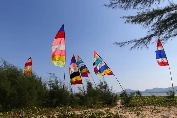 Färgglada flagga på vinden på stranden — Stockfoto