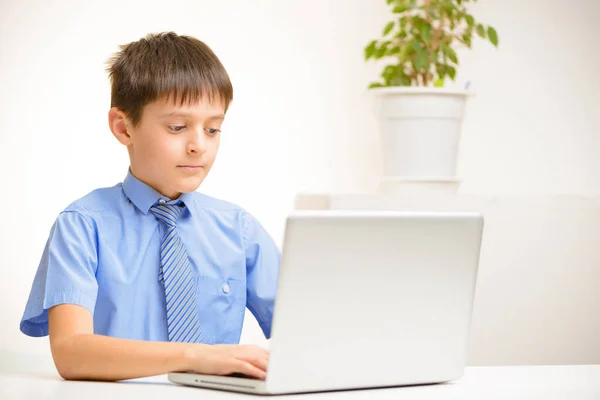 Boy in a blue shirt uses a laptop sitting indoors at a table — Stock Photo, Image