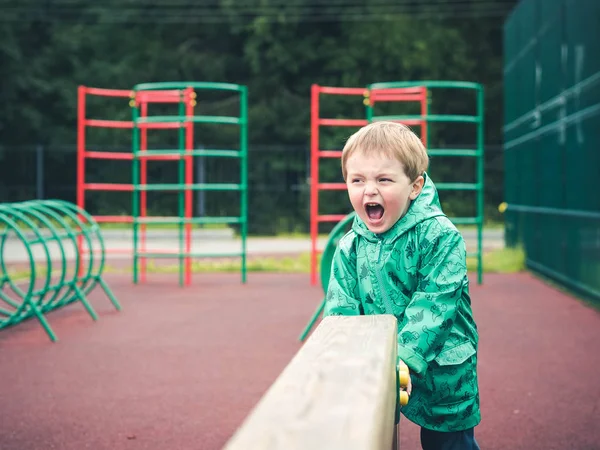 Lindo niño divertido jugando en el patio de recreo en una hermosa capa verde con dinosaurios. Deporte, mal tiempo, lluvia . — Foto de Stock