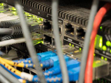 Internet anahtar sunucusu raf olan Ethernet kablosu bağlı. Bilgi teknolojisi, bilgisayar ağı, telekomünikasyon, rj45.