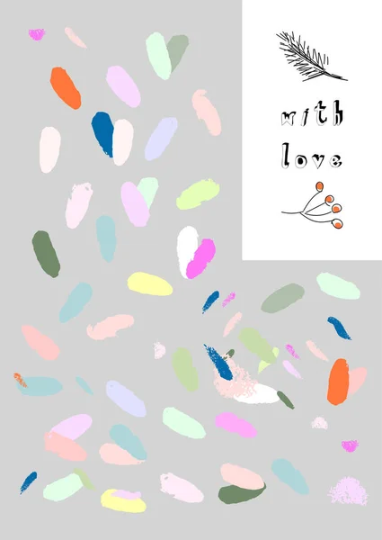 Med kärlek kreativa kort med handritad konfetti borste cellprov. Konstnärlig bakgrund för gratulationskort, inbjudningar, bröllop, headers, omslag, broschyrer, födelsedag, årsdag, alla hjärtans dag. Vektor — Stock vektor