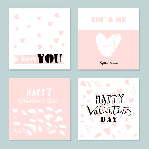 Bonitas tarjetas de felicitación abstractas dibujadas a mano con símbolos tradicionales del Día de San Valentín. Fondo tierno de dibujos animados suave para invitaciones, etiqueta de regalo, envoltura, aniversario, fiesta de San Valentín, boda — Vector de stock