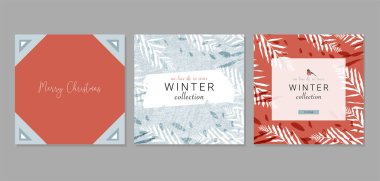 Noel tebrik kartı ya da farklı kış bayramı sembolleri, hayvanlar ve karakterlerin olduğu afiş şablonları. El çizimi dokular tasarım kavramı